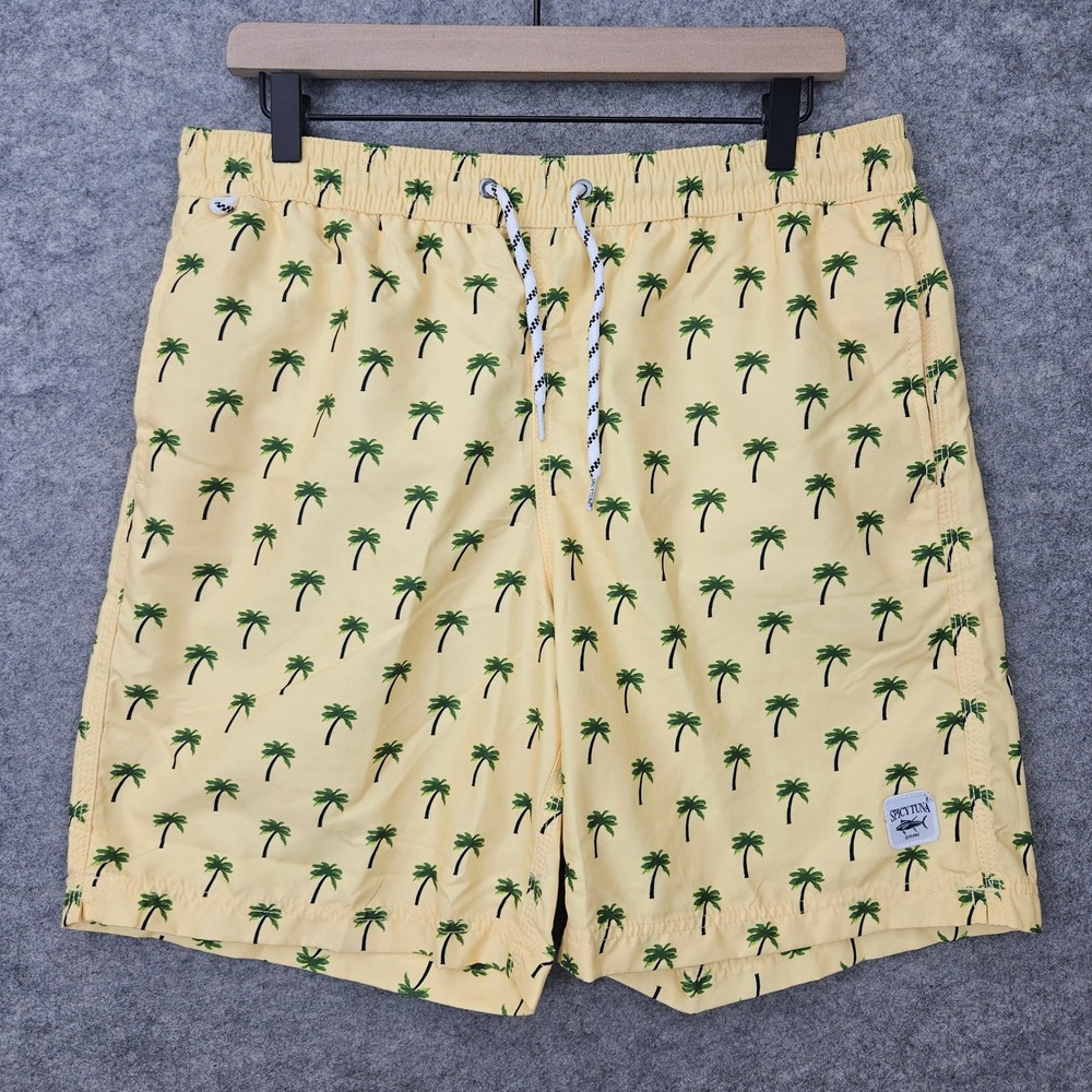 Spicy Tuna Swim Trunks Men's‎ Med Yellow Palm Tree Print Mesh Lined Board Shorts